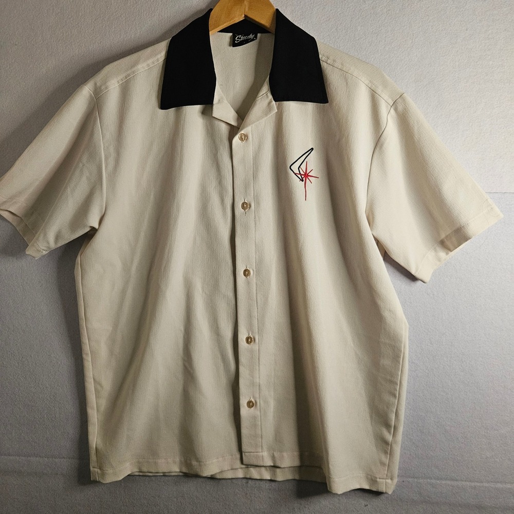 Steady Clothing Mens Bowling Shirt Cream Black Atomic Boomerang Retro ST37070 S